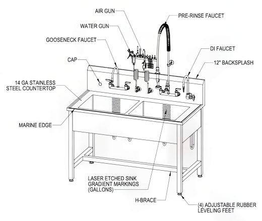 Double Basin Processing Pipe Model Fixed Height Sink - No Working Countertop Space